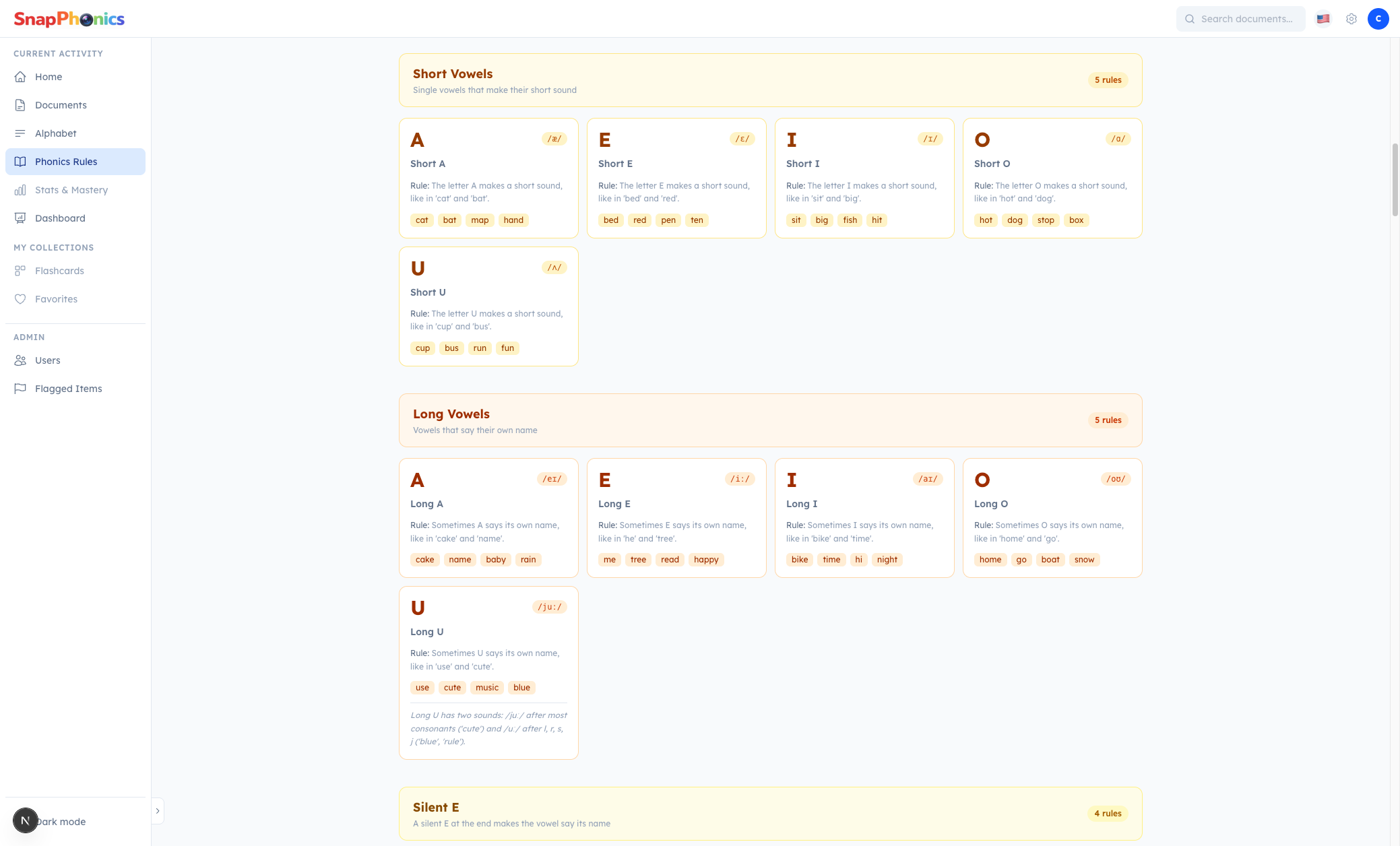 SnapPhonics phonics rules library